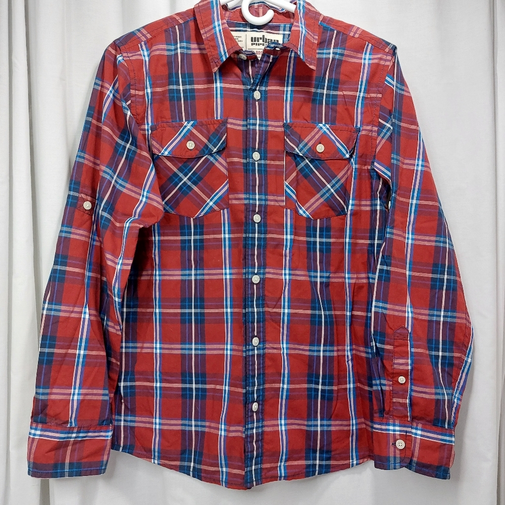 URBAN PIPELINE Button Down Long Sleeve Shirt Red Plaid Boys Size XL